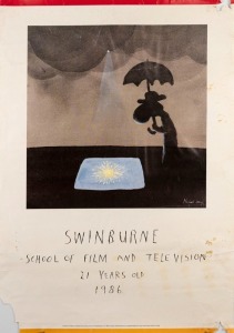 "SWINBURNE SCHOOL OF FILM AND TELEVISION - 21 YEARS OLD - 1986", poster designed by Michael Leunig commemorating the 21st anniversary of the Swinburne School of Film and Television. Printed on paper, 84 x 59cm