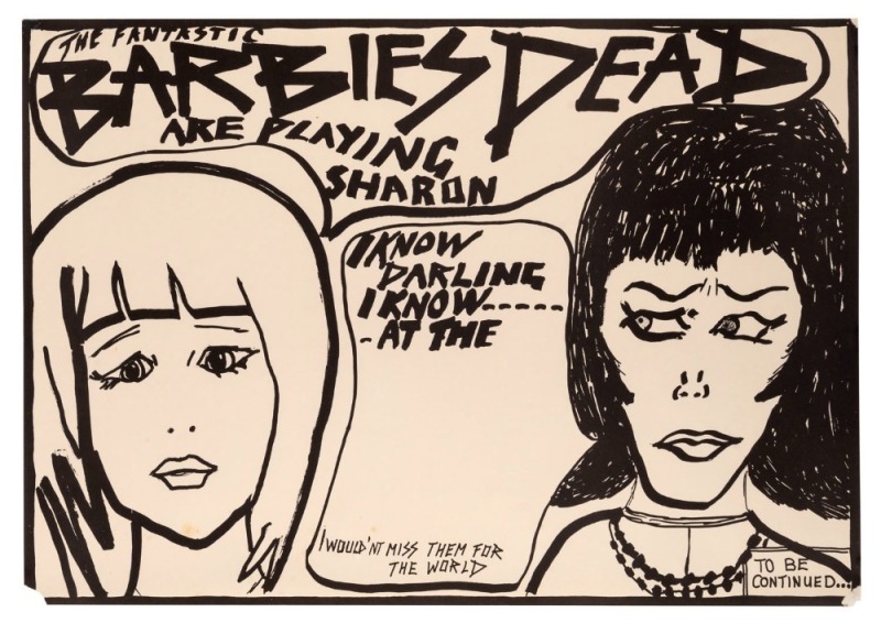 "THE FANTASTIC BARBIE'S DEAD ARE PLAYING SHARON", poster for performances by Melbourne all-women punk rock band Barbie's Dead. In unused condition with no venue details filled in. Printed on paper, 47.5 x 67.5cm