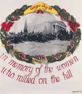 "ANZAC DAY '83 - LEST WE FORGET - IN MEMORY OF THE WOMEN WHO RALLIED ON THE HILL", 1983 poster designed by Carol Wilson and printed by Jillposters, a women's silk screen printing collective in Melbourne, active from 1983 to 1988. Screenprint on paper, 51 x 51cm