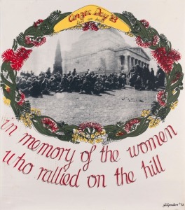 "ANZAC DAY '83 - LEST WE FORGET - IN MEMORY OF THE WOMEN WHO RALLIED ON THE HILL", 1983 poster designed by Carol Wilson and printed by Jillposters, a women's silk screen printing collective in Melbourne, active from 1983 to 1988. Screenprint on paper, 51 