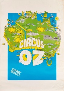 "CIRCUS OZ - EXPORT QUALITY", satirical map of Australia including notably 'San Fran Sydney', 'Uluru Palace Casino', 'Victoria - Freeway State', 'Northern Territory - State of Radioactivity,' multiple nuclear power sites, mining sites, and deforested land. Artist unknown. Offset print, 84 x 58.5cm