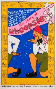 "THE STORY OF WHOOPSIE", c. early 1980s poster designed by Graham Lightbody and printed by Lucifoil Posters for performance presented by Pipi Storm Theatre, a dedicated children’s theatre group that performed in schools and welfare institutions across New South Wales until the late 1980s. Lucifoil Poster Collective was active from 1980-1983 and worked out of the Tin Sheds, Sydney. Screenprint on paper, 84 x 53cm