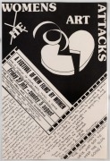 "FILMS BY WOMEN - WOMEN'S ART ATTACKS," 1979 poster designed and printed by Eve Glenn for festival of new films by women, held at Ethel Hall and Lounge, Swinburne. Event included displays of visual arts, music, dance, poetry readings, drama workshops, and - 2
