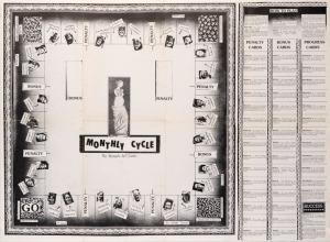 "MONTHLY CYCLE - THE WOMEN'S ART GAME", c. 1977 poster featuring all the elements of the board game created by Melbourne artist Isabel Davies. This game was included in the Postal Event exhibition at the Institute of Contemporary Art in London and at the Ewing Gallery in Melbourne. This poster includes photos of women on each space of the board. Printed on paper, 57.5 x 79cm