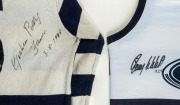 GEELONG FOOTBALL CLUB - THE FAMOUS NUMBER 5 A large, framed presentation featuring a match-worn No. 5 Geelong jumper signed 'Graham Polly Farmer. 3.8.1998' Together with a No. 5 signed 'Gary Ablett 18.8.98;' mounted and displayed together with plaques des - 2