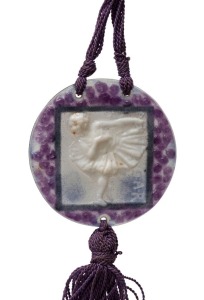GABRIEL ARGY-ROUSSEAU stunning French Art Deco pâte de verre circular glass pendant on original silk cord, circa 1920s, signed "G.A.R.", the pendant 5.4cm diameter