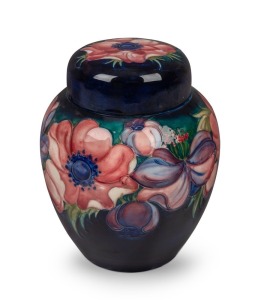 MOORCROFT "Anemone" pattern ginger jar on blue ground, impressed signature mark "Moorcroft&nbsp;Potter To H.M. The Queen, Made In England", with original matching circular paper label, 20cm high