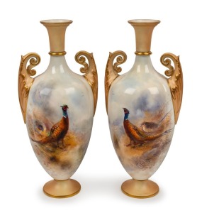 ROYAL WORCESTER pair of antique English porcelain pheasant vases, signed "STINTON", puce factory mark to the bases, ​​​​​​​22cm high