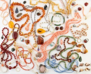 Assorted costume jewellery including amber and coral bead jewellery, Chinese silver, coral and enamel ring, stone beads etc, (qty)