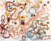 Assorted costume jewellery including amber and coral bead jewellery, Chinese silver, coral and enamel ring, stone beads etc, (qty)