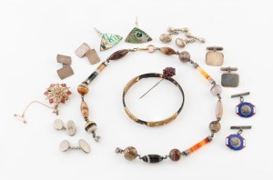 CUFFLINKS, Scottish agate brooch, antique Australian 9ct gold and red stone brooch, gold mounted bangle and a garnet stickpin, 19th and 20th century, (qty)