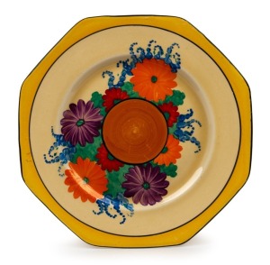 CLARICE CLIFF English Art Deco porcelain plate, stamped "Gay Day, Hand Painted, Bizarre By Clarice Cliff, Wilkinson Ltd. England", 22cm wide