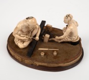 An antique Chinese carved ivory figural group of two seated craftsman, Qing Dynasty, early to mid 19th century, ​​​​​​​10cm high, 20cm wide - 4