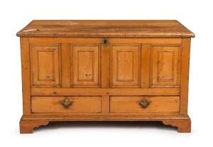 Antique English pine mule chest with two drawers standing on bracket feet with original lock and panel frame. 18th/19th century. 76cm high 125 wide, 62 deep.