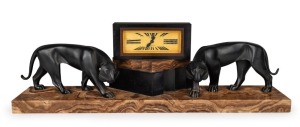 A fine French Art Deco mantle clock with bronze panther statue decoration on marble base with time only movement and Roman numerals, circa 1930, 18cm high, 57cm wide