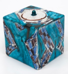 A Continental Art Deco square form ink pot with lid, circa 1930, signed to base (illegible), 11cm high