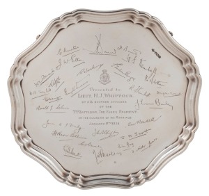 A sterling silver presentation salver with pie crust border, engraved "Presented to Lieut. H.J. Whittock by his brother officers of the 7th Battalion The Essex Regiment on the occasion of his Marriage January 17th 1935" and with numerous facsimile signatures of the contributers, 31cm wide, 870 grams