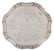 A sterling silver presentation salver with pie crust border, engraved "Presented to Lieut. H.J. Whittock by his brother officers of the 7th Battalion The Essex Regiment on the occasion of his Marriage January 17th 1935" and with numerous facsimile signatu