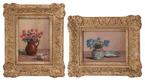 ARTIST UNKNOWN, I.) (blue flowers still life), II.) (pink roses still life), oil on board, one signed lower right (illegible), ​​​​​​​15.5 x 11cm, 26 x 22cm overall, and 11 x 15.5cm, 22 x 26cm overall