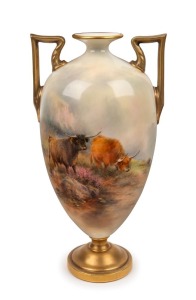ROYAL WORCESTER English porcelain two handles urn adorned with highland cattle scene, signed "J. STINTON", puce factory mark to base, ​​​​​​​28cm high