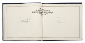 THE ORIGINAL SIGNATURES OF QUEEN ELIZABETH & PRINCE PHILIP: A double page devoted to the signatures of "Elizabeth R" and "Philip" on the occasion of their 14th March 1980 visit to the premises of A.A. Jones & Shipman, in Leicester. Subsequent pages, dated