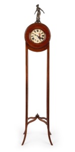 An antique English Goliath oversize pocket watch clock in unusual Sheraton revival case and stand with bronze figural top, retailed by Vickery of Regent Street, London, 19th/20th century, 124cm high