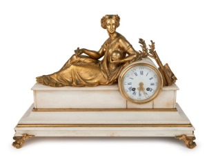 An antique French mantle clock with white marble case mounted with reclining ormolu female figure, eight day time and strike movement with Roman numerals, 19th century, 32cm high, 47cm wide