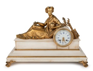 An antique French mantle clock with white marble case mounted with reclining ormolu female figure, eight day time and strike movement with Roman numerals, 19th century, ​​​​​​​32cm high, 47cm wide