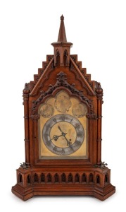 An antique English Gothic style oak cased spring table clock, dial marked "JAMES McCABE ROYAL EXCHANGE, LONDON, 2458", 19th century, note: antique Continental movement. ​​​​​​​77cm high