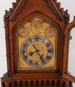 An antique English Gothic style oak cased spring table clock, dial marked "JAMES McCABE ROYAL EXCHANGE, LONDON, 2458", 19th century, note: antique Continental movement. ​​​​​​​77cm high - 2