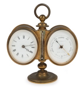 An antique French desk compendium weather station with clock, barometer and thermometer, 19th century, 16cm high