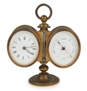 An antique French desk compendium weather station with clock, barometer and thermometer, 19th century, ​​​​​​​16cm high