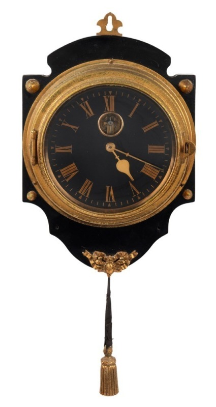 An antique French wall clock with tassel wind movement, exposed lever escapement, black dial and Roman numerals, 19th century, ​​​​​​​35cm high overall