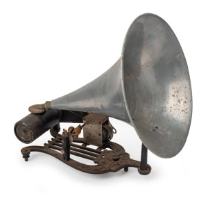 LYRE PUCK rare and early cylinder player with horn, circa 1900, ​​​​​​​33cm high, 36cm long