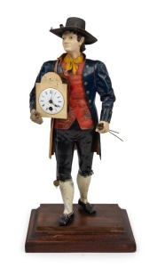 "PEDLAR" antique German figural clock with original painted metal finish, 19th century, ​​​​​​​40cm high