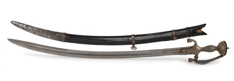 EXCELLENT AFGHAN PULWAR: very good 30” slightly curved, laminated blade with Afghan inscriptions near the ricasso; excellent steel hilt of traditional form; high quality, possibly of Persian manufacture