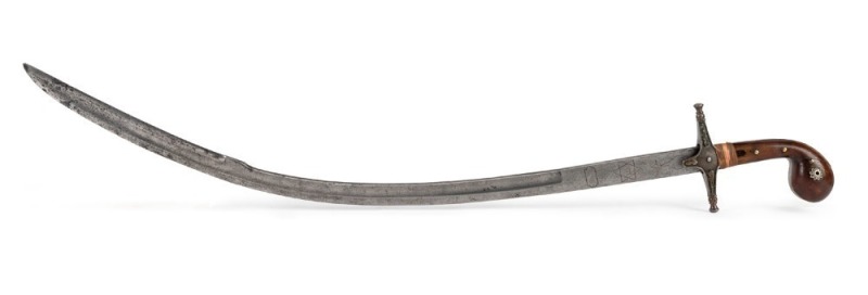 TURKISH KILIJ: fair to good, 33” deeply curved blade with a grey patina overall & a light & dark patches near the point; including, possibly a later application of a bear, foliage & outline designs near the ricasso; ornate cross piece & back piece of bras