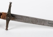 TURKISH KILIJ: fair to good, 33” deeply curved blade with a grey patina overall & a light & dark patches near the point; including, possibly a later application of a bear, foliage & outline designs near the ricasso; ornate cross piece & back piece of bras - 4