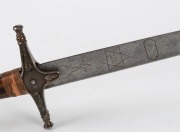 TURKISH KILIJ: fair to good, 33” deeply curved blade with a grey patina overall & a light & dark patches near the point; including, possibly a later application of a bear, foliage & outline designs near the ricasso; ornate cross piece & back piece of bras - 5