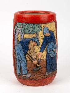 AMPHORA Czechoslovakian&nbsp;porcelain vase with farming scene, circa 1920s, black factory mark to base, ​​​​​​​30cm high