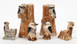 Six assorted pottery and ceramic kookaburra ornaments and vases, Australian and Japanese, the largest 16cm high