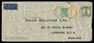 Kangaroos - CofA Watermark: July 1937 usage of 5/- Grey & Yellow + 1/- Large Lyrebird & 1d QM on airmail cover from Sydney to London; the adhesives tied by multiple AIR MAIL LATE FEE cds's.