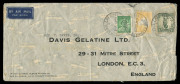 Kangaroos - CofA Watermark: July 1937 usage of 5/- Grey & Yellow + 1/- Large Lyrebird & 1d QM on airmail cover from Sydney to London; the adhesives tied by multiple AIR MAIL LATE FEE cds's.&nbsp;