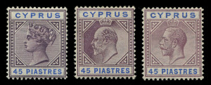 Cyprus: 1894-1960 collection, mostly mint with QV 1894-92 to 45pi, KEVII 1902-04 4pi, 6pi & 12pi, 1904-10 to 45pi plus few used incl.12pi & 18pi, KGV 1912-15 to 18pi mint plus used 45pi, 1921-23 to 45pi (2), 1928 50th Anniversary to £1, 1934 to 45pi, 1938-51 KGVI to £1, QEII 1955-60 to £1; condition varies, Cat. £2500+. (140).