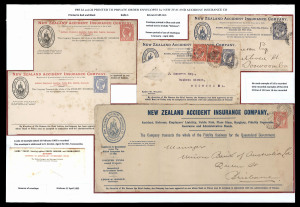 QUEENSLAND - Postal Stationery : ENVELOPES - PTPO - NEW ZEALAND ACCIDENT INSURANCE Co: (H&G #4&5) 1906 Four Corner Figures 1d in vermilion and 2d in blue comprising 1d & 2d Proof Envelopes (84x145mm) with black and red text; also 2d issued envelopes (2, both faults) printed in blue with 'Sickness' added to the revised text heading comprising 1905 (Jan.26) Brisbane to Toowoomba uprated with Four Corners 1d (2) both with 'NZ/IC' perfins (one reversed) and 1905 (Apr.10) to same addressee;