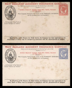 QUEENSLAND - Postal Stationery : ENVELOPES - PTPO - NEW ZEALAND ACCIDENT INSURANCE Co: (H&G #4&5) 1906 Four Corner Figures 1d in vermilion and 2d in blue comprising 1d & 2d Proof Envelopes (84x145mm) with black and red text; also 2d issued envelopes (2, b - 2