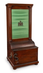 BARREL PIANO, antique English example in rosewood case with hand-crank mechanism and green pleated silk front with coat of arms, 19th century, ​​​​​​​57cm high