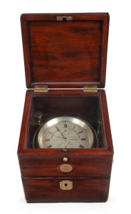 An antique English two day marine chronometer with spring detent escapement in original mahogany case with brass gimble and fittings, dial marked "ARNOLD & DENT, 84 STRAND, LONDON" (No. 615), circa 1840. The back plate engraved "Jn. R. ARNOLD, LONDON INVt. et Fecit No.615", dial 9cm diameter, the case 17cm high, 176cm wide, 16cm deep