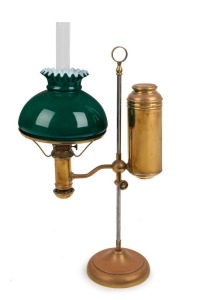 An antique adjustable library lamp with brass base, font and green glass shade, early 20th century, 55cm high