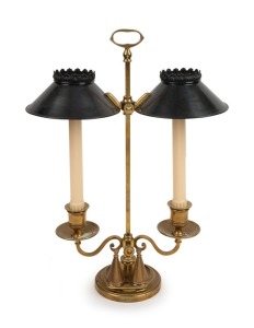 An antique brass desk candelabra with black metal shades, 19th/20th century 49cm high